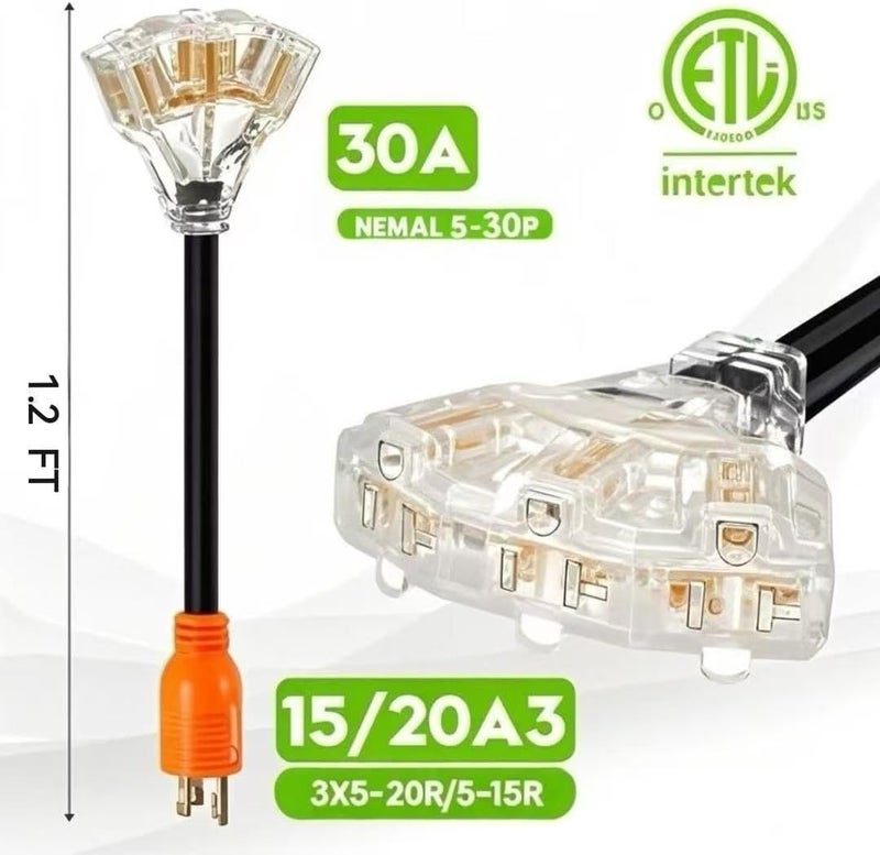 NVKABVY 30 Amp to 110 Adapter RV Cord, 30 Amp to 15 Amp / 20 Amp Adapter, L5-30P Male to 3X 5-15R/5-20R T-Blade Household Outlet Female with Lighted Power Indicator UL Listed (L5-30P to 3X5-15R/5-20R) - Image 2